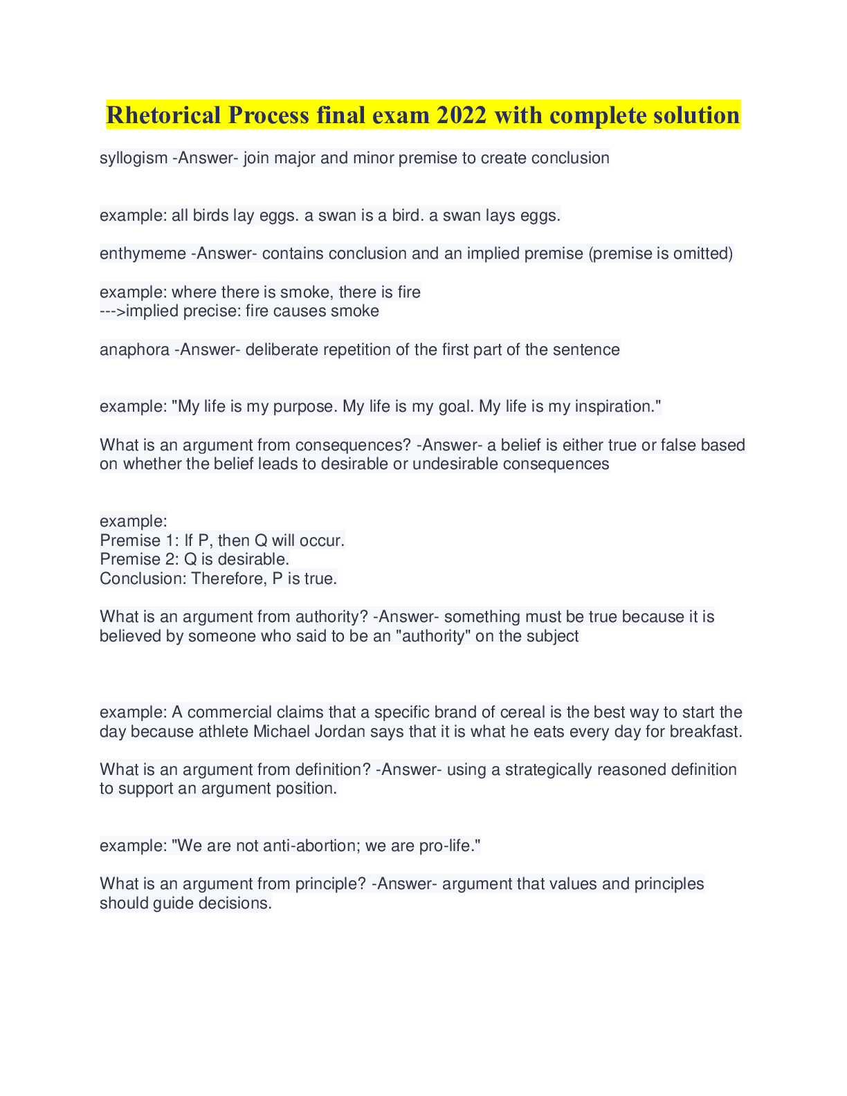 Preview image for Rhetorical Process final exam 2022 with complete solution